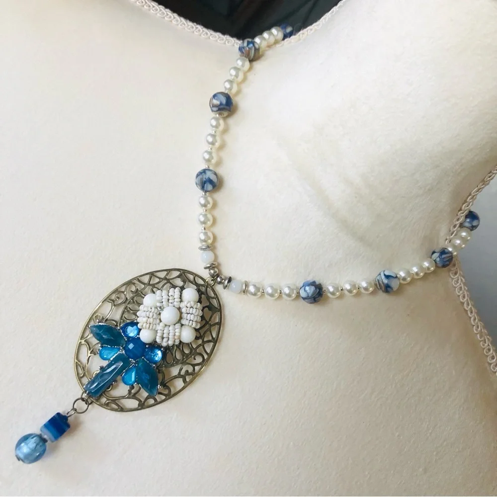 Handcrafted repurpose cal-silica bead Czech glass pearl necklace